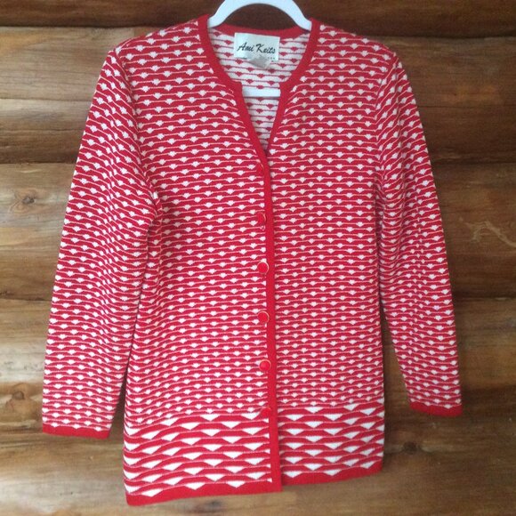 Vintage Ami Knits Red & White Scandinavian 80s Festive Cardigan Sweater Size 8 - Picture 1 of 4